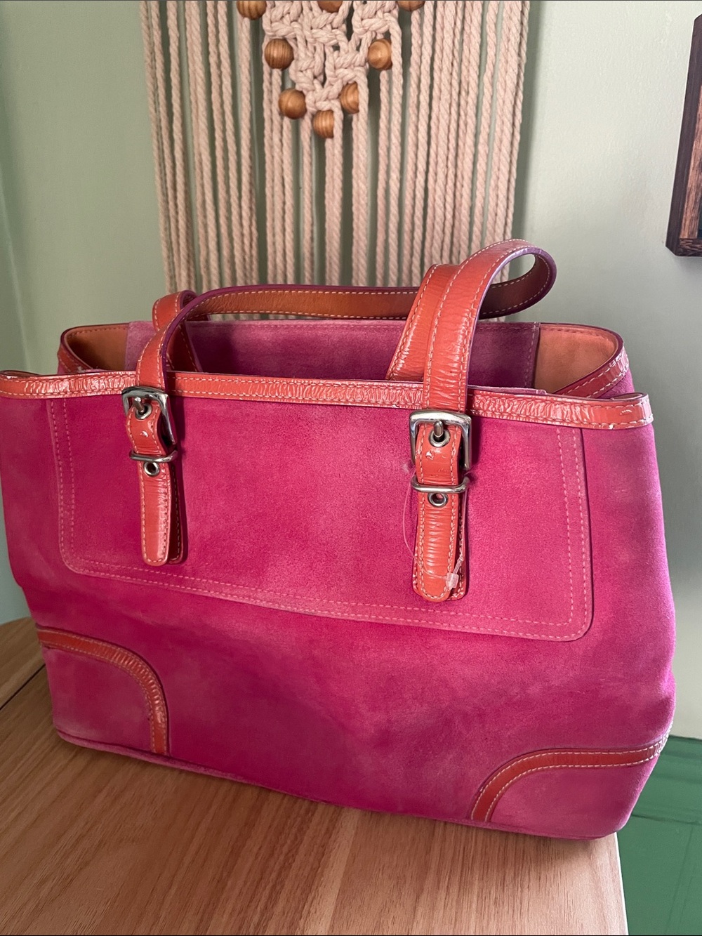 Vintage Coach Pink Suede Tote with Tan Leather Trim and Straps - Picture 4 of 12